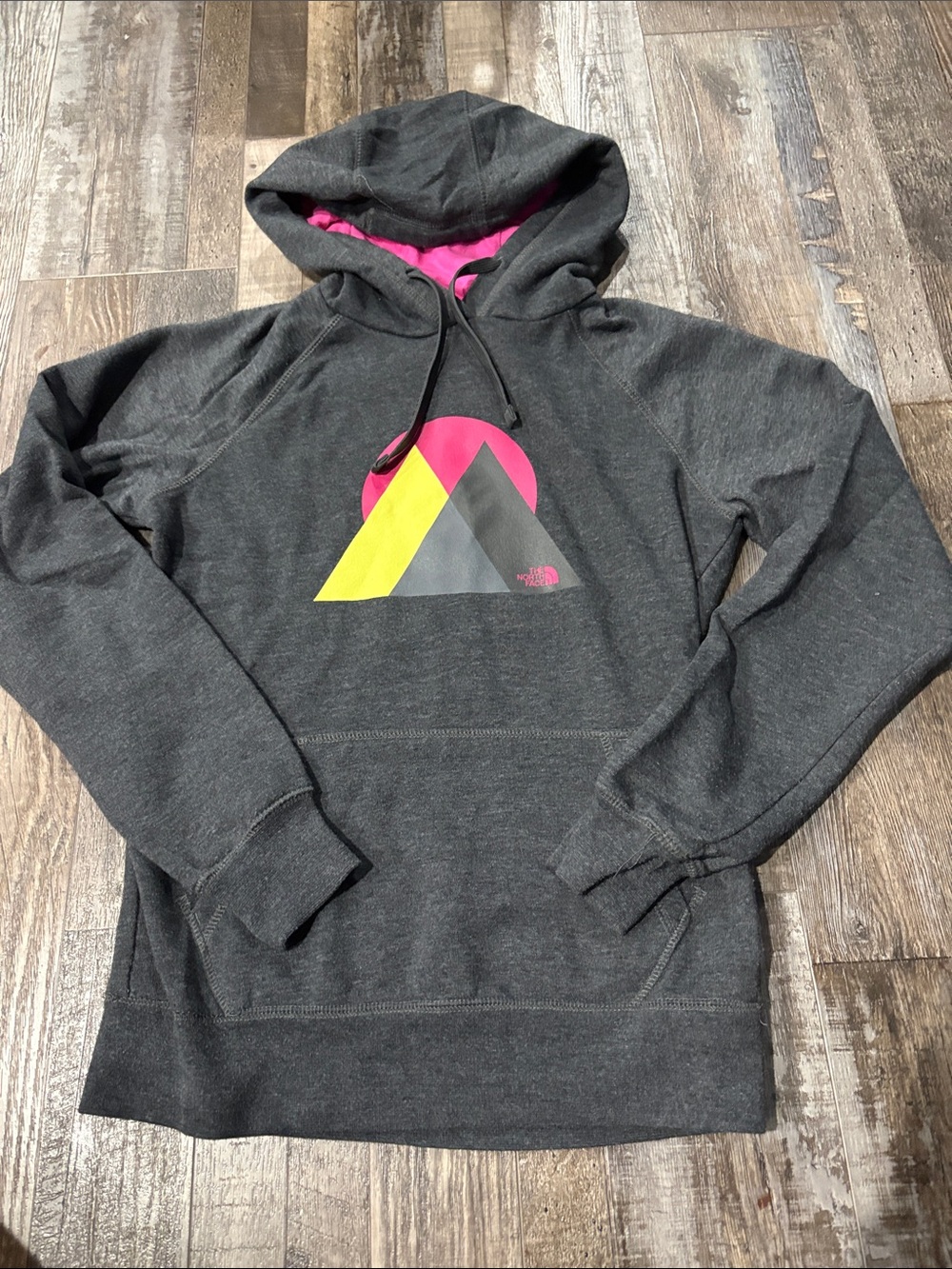 The North Face Women's Dark Gray Hoodie with Pink & Yellow Graphic